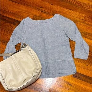 EUC Tahari Blue & White Linen 3/4 Sleeve Pullover Tunic Top